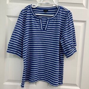 NWOT Talbots Navy Blue & White Striped V-Neck Women's Dress T-Shirt Blouse Top